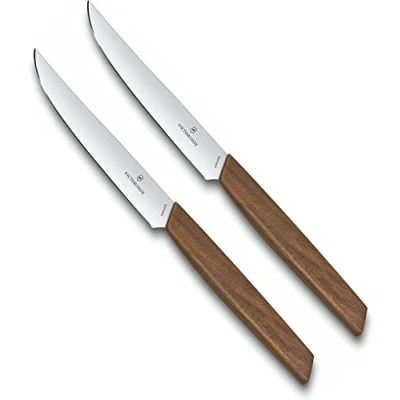 Immagine di Victorinox Swiss Modern, set di coltelli professionali da bistecca, 2 pezzi, lama extra affilata, affilatura diritta, 12 cm, manico in legno, acciaio inossidabile, marrone