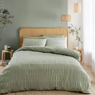Immagine di Catherine Lansfield Seersucker Set copripiumino matrimoniale con federe, colore: verde salvia
