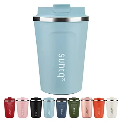 Immagine di SUNTQ tazza per caffè da asporto, in acciaio inox, a prova di perdite, con coperchio, riutilizzabile, termica usare viaggio, colore: blu cielo, 380 ml