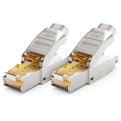 Immagine di deleyCON 2x Spina di Rete CAT 7 RJ45 Connettore Schermato Senza Attrezzi 10 Gbit/s 600 MHz per Cavi Installazione Rigidi Grezzi a Ethernet LAN Patch