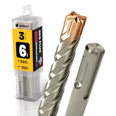 Immagine di Heller Punta per trapano a percussione SDS Plus, 4 pezzi, diametro 6,0 mm x 190 mm, AMBOSS Tools Crusher HM calcestruzzo in metallo duro professionale