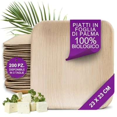 Immagine di Waipur Piatti in Foglia di Palma Biologici 200 Quadrati 23x23 cm usa e getta Biodegradabili Alta Qualità Eleganti resistenti Stoviglie da Festa Ecologici