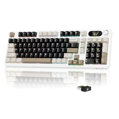 Immagine di MAMBASNAKE x ATTACKSHARK X98 Tastiera Meccanica Wireless, Schermo Led e Manopola, da Gioco Rgb con Guarnizione Tri Mode Bt/2.4g/Usb C, Interruttori Lineari Pre Lubrificati Bianco