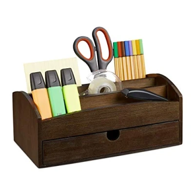 Immagine di relaxdays Organizer per Scrivania, Ufficio, con Scomparti e Cassetto, HxLxP: 11 x 27,5 15 cm, in Bambù, Marrone Scuro