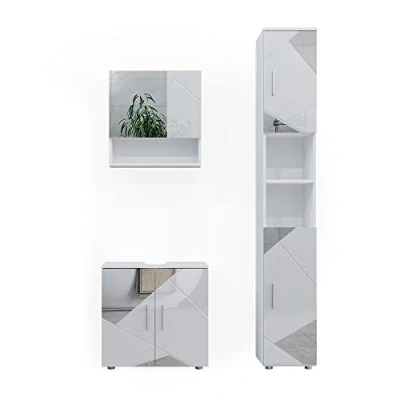 Immagine di Vicco set mobili bagno Irma, Bianco lucido con inserti, 3 parti, cassettiera e colonna
