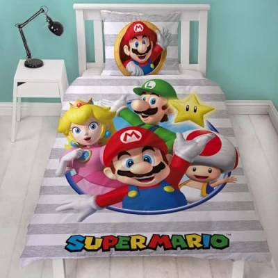 Immagine di Set di biancheria da letto double face per bambini, motivo Super Mario, 135 x 200 cm, 80 100% cotone, con chiusura lampo, in linone