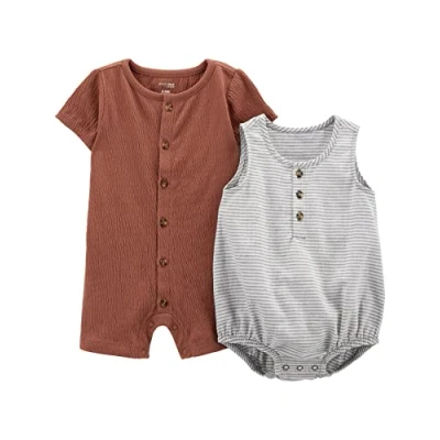 Immagine di Simple Joys by Carter&#039;s Button Rompers, Pack of 2 Pagliaccetto, Grigio Righe/Marrone, 12 Mesi (Pacco da 2) Bimbo