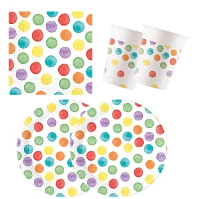 Immagine di Procos 10137431 Set per Feste S Multiwater Color Dots, 52 Pezzi, Piatti, 16 Bicchieri, 20 tovaglioli, stoviglie USA e Getta, Decorazione da Tavolo, Marvel, Multicolore, Medium,
