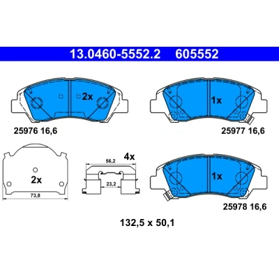 Immagine di ATE 13.0460 5552.2 Kit pastiglie freno con segnalatore acustico usura lamierino anticigolío accessori HYUNDAI: i10 II Hatchback, I