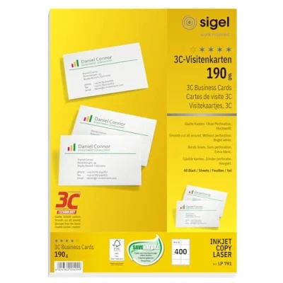 Immagine di SIGEL LP791 Biglietti da visita, 3C, con taglio netto tutt&#039;intorno, bianco, 85x55 mm (A4), 190 g, 400 pz.=40 fg