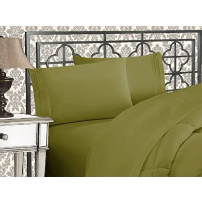 Immagine di Elegant Comfort Lussuoso set di lenzuola 1500 in microfibra qualità alberghiera, tre linee, ricamate, morbide, 4 pezzi, resistente alle pieghe e allo sbiadimento, king size, verde salvia