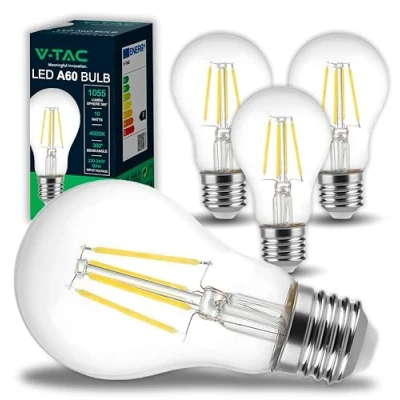 Immagine di V TAC 4x Lampadina LED a Filamento con Attacco E27 10W (Equivalenti 75W) A60 1055 Lumen 4 Lampadine Massima Efficienza e Risparmio Energetico 4000K Luce Bianca Naturale
