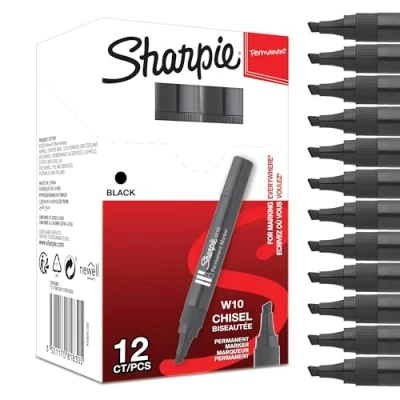 Immagine di Sharpie W10 Pennarelli indelebili con punta a scalpello, nero, Scatola da 12