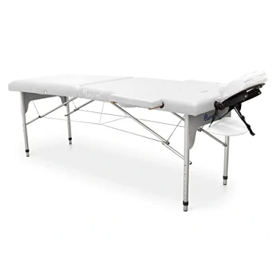 Immagine di QUIRUMED lettino da massaggio pieghevole in alluminio, colore bianco, 186 x 66 cm, massaggio, similpelle, leggero, portatile, regolazione telescopica altezza, fino a 140 kg