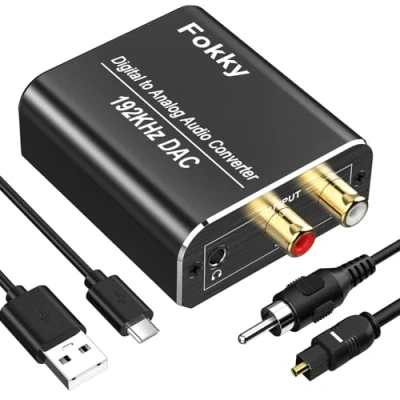 Immagine di 192Khz Convertitore Audio Digitale Analogico, Alluminio Adattatore Ottico RCA da Coassiale Toslink Segnali Digitali SPDIF ad Analogico L/R e Jack 3.5mm (Cavi Ottici Inclusi)