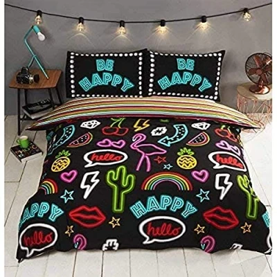 Immagine di Rapport Funky Neon Set copripiumino reversibile a righe, in policotone, colore: nero, 2 pezzi, per letto matrimoniale