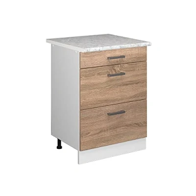 Immagine di Vicco mobiletto base per cucina R line, Sonoma/Bianco, 60 cm con cassetti PL Marmo