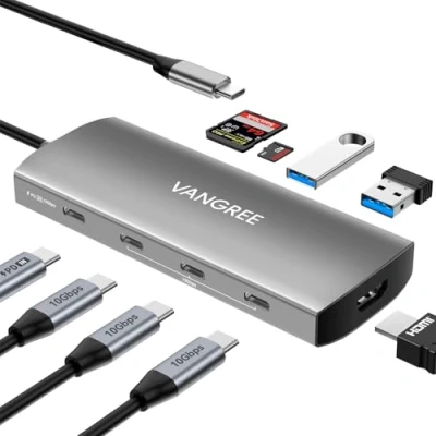 Immagine di VANGREE Hub USB C 10 Gbps, 3 porte 3.2, HDMI 4K a 60 Hz, 100 W PD, 2 3.0 e lettore di schede SD/TF, adattatore multiporta splitter per MacBook Pro, iMac, iPad iPhone 15, Galaxy