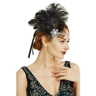 Immagine di BABEYOND Fascia per capelli con piume anni&#039;20 anni&#039;20, stile Art Deco Flapper Great Gatsby, da donna, costume donna,colore nero