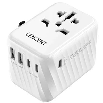 Immagine di LENCENT Adattatore da Viaggio Internazionale, Presa Universale con 5.6A 3 Porte USB C e 2 A, Caricatore Muro per In Tutto il Mondo EU a UK USA AUS (Tipo C/G/A/I) Bianco