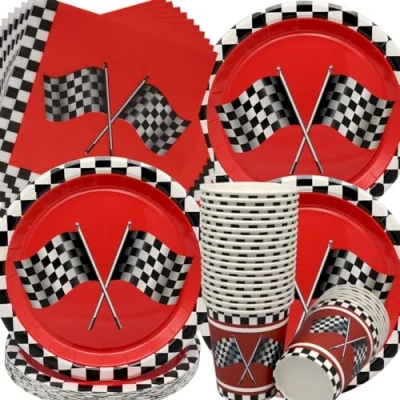Immagine di Stoviglie per Feste Corsa,Doyomtoy 72 Pezzi Racing Car Compleanno Decorazioni Auto Piatti di Compleanno, Tazze, Tovaglioli Bambini Forniture a Tema 24 Ospiti