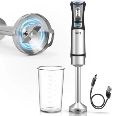 Immagine di LEBENLANG frullatore a immersione batteria senza fili, con misurino da 800 ml e cavo di ricarica USB C, in acciaio inox, bacchetta magica, mixer mano, set