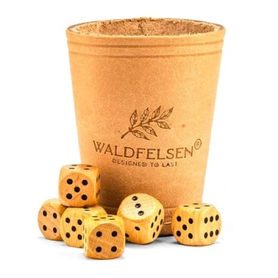 Immagine di Waldfelsen® Tazza cubo in vera pelle (9 cm) con 6 cubetti di legno (16 mm) faggio, set cubi per gli occhi (colore: beige)