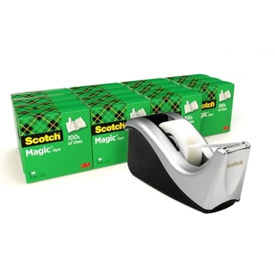 Immagine di Scotch Nastro adesivo Magic 16 Rotoli 19 mm x 33 m + Dispenser argento Trasparente Opaco e Scrivibile Ottimo per Casa, Ufficio Scuola
