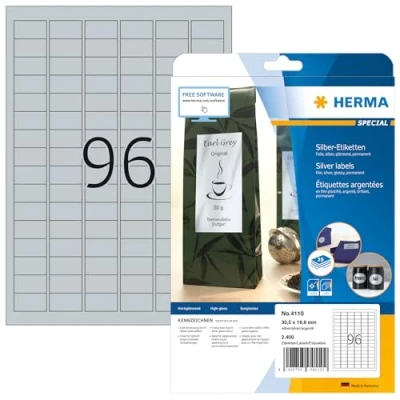 Immagine di HERMA Etichette per Marcatura, 30,5 x 16,9 mm, Adesive A4 Stampante, 96 Foglio, Argento