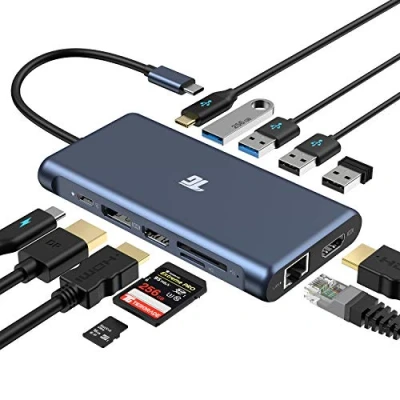 Immagine di Tiergrade Hub USB C, adattatore 12 in 1 triplo display con doppio HDMI 4K, DisplayPort, 100W PD 3.0, RJ45 Ethernet, A, lettore di schede TF/SD per MacBook e portatili tipo C