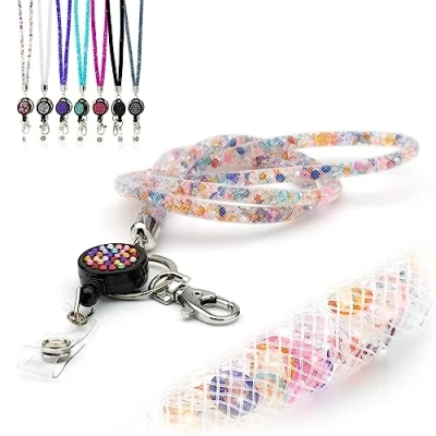 Immagine di CKB LTD Cordino da collo multicolore con strass glitterati, clip in metallo girevole e retrattile per badge, 1 pezzo