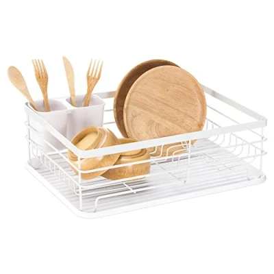 Immagine di Navaris Cestello Scolapiatti con Manici Vassoio Anti Sgocciolamento Rastrelliera Asciuga Posate 41,5x30,5x14cm Scola Piatti Appoggio Cucina Bianco