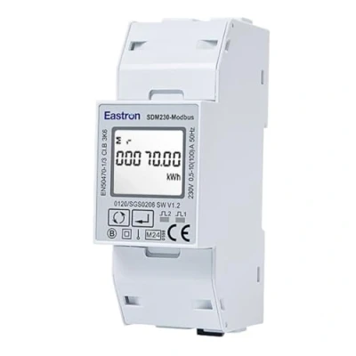 Immagine di SDM230 modbus V2 RS485 monofase, misuratore di energia, su guida DIN da 100 Amp kWh, impulsi, RTU. display LCD retroilluminato digitale. certificato MID