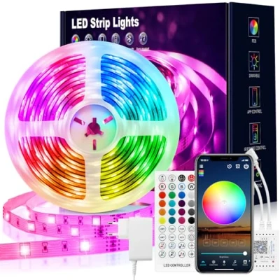 Immagine di VKH striscia LED 15 m, RGB Bluetooth, autoadesiva, con telecomando e app, catena luminosa a per camere, giochi feste