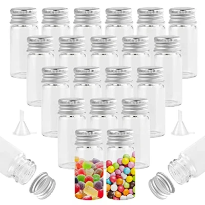 Immagine di REFORUNG 45 Pz Mini Bottiglia di Caramelle con Tappo a Vite in Alluminio da 10ml Provette Vetro Trasparente per Bomboniere Barattoli Trasparenti Tappi Messaggi Decorazioni