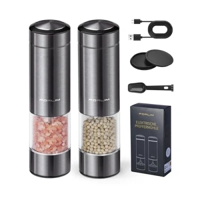 Immagine di FORLIM Set macina pepe Elettrico, sale e ricaricabile USB con ceramica regolabile, spezie led, di 2,Acciaio inossidabile(colore della pistola)