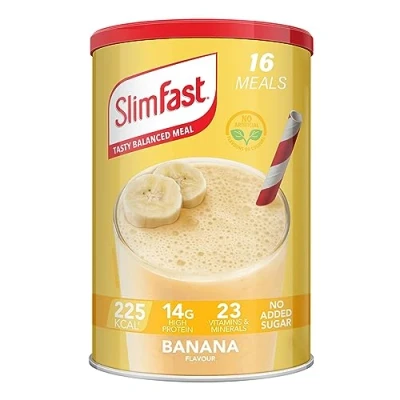 Immagine di SlimFast Frullato sostitutivo del pasto per dimagrire e dieta equilibrata, vitamine minerali, ipocalorico, alto contenuto proteico, aroma banana, 16 porzioni, 584 g, la confezione può variare