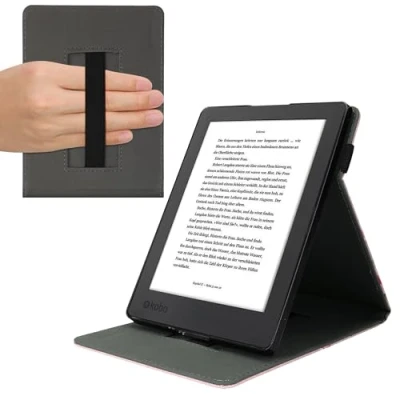Immagine di kwmobile Custodia Cinturino Mano Compatibile con KoboAura H2O Edition 2 Cover eReader Stand Rosa/Bianco/Rosa Antico Magnolie