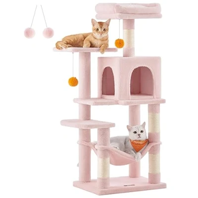 Immagine di Feandrea Albero per Gatti Alto 112 cm, Tiragraffi Gatti, con 4 Pali Graffiatoi, 2 Posatoi, 1 Grotta, Amaca, Pompon, in Peluche a più Livelli, Rosa Pastello PCT261P01