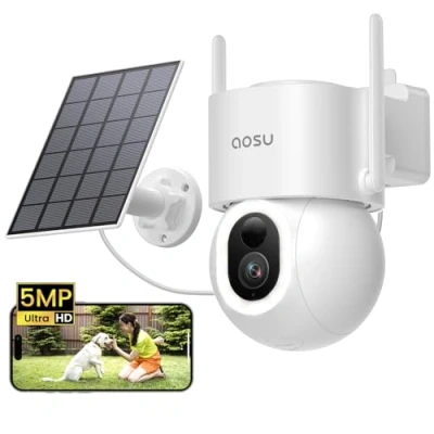 Immagine di AOSU 5MP Telecamera Esterno Solare 3K Telecamere WiFi Senza Fili a Batteria con Faretto 400 Lumen Pannello 3W Visione Notturna Colori 360 PTZ Rilevamento Umano 2.4GHz Wi Fi