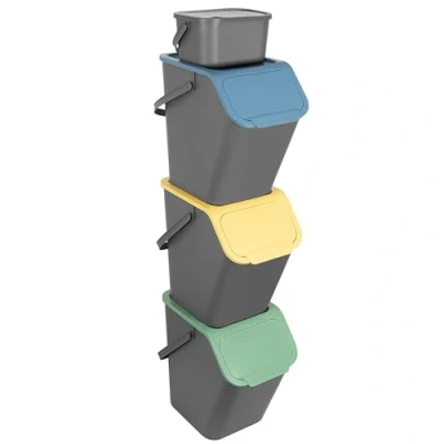Immagine di Go Practic set di 3 pattumiere impilabili, per la raccolta dei rifiuti in cucina, con coperchio a scatto, sistema differenziata, x 25 l, colore grigio