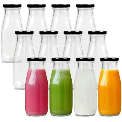 Immagine di Belle Vous Bottiglie Latte Vetro Riutilizzabili con Coperchi in Metallo (12pz) Bottiglia da 300 ml Bicchiere Frullato per Feste Tappo Ottima Barbecue e Eventi
