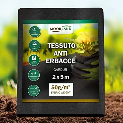 Immagine di Moorland Telo pacciamatura 10m² Anti Erbacce permeabile Gardur 2m di Larghezza Resistente agli Strappi 100% Reciclabile ai Raggi UV per Giardini e terrazze