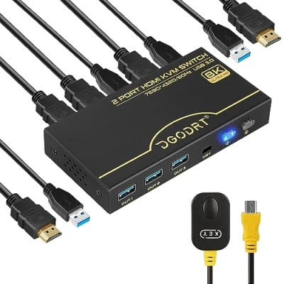 Immagine di 8K 60Hz HDMI KVM Switch 4K 120Hz, 2 Porte USB con 3.0 per Computer Condividono 1 Monitor, Tastiera, Mouse, Cavi e
