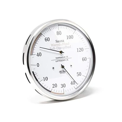Immagine di Fischer 184.01 Thermoigrometro universale per sauna, 130 mm, igrometro capelli e termometro bimetallico in acciaio inox, made Germany