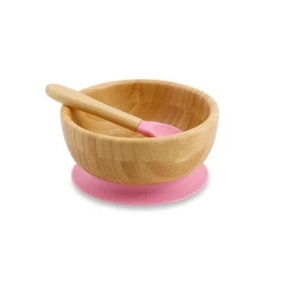 Immagine di BIOZOYG Set con Ciotola rotonda di bambù I base a ventosa e cucchiaio certificato FSC Splendida scodella in per bambini ciotole pappa muesli rosa