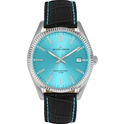 Immagine di JACQUES LEMANS Orologio da uomo &#039;Anniversario collezione 50 anni&#039; Derby 40 mm 10 ATM data con cinturino in pelle 3 diverse varianti, argento/blu