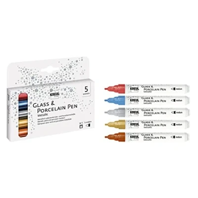 Immagine di KREUL 16430 Glass &amp; Porcelain Pen Metallic Set di 5 penne opache con punta media e indeformabile per vetro porcellana Larghezza della linea circa 2 4 mm Colori metallici