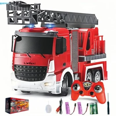 Immagine di LioMaxi Scala 1:24 telecomandata Giocattolo Camion pompieri,con pompa spruzzatrice d&#039;acqua, pompieri radiocomandato con estensibile e luci, girevole Manuale, Ricaricabile,Rosso
