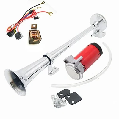 Immagine di DHUILE Clacson per auto, 12 V, 150 dB, 430 mm, in zinco cromato, monotonale, con compressore, qualsiasi veicolo da camion, treni, barche, auto